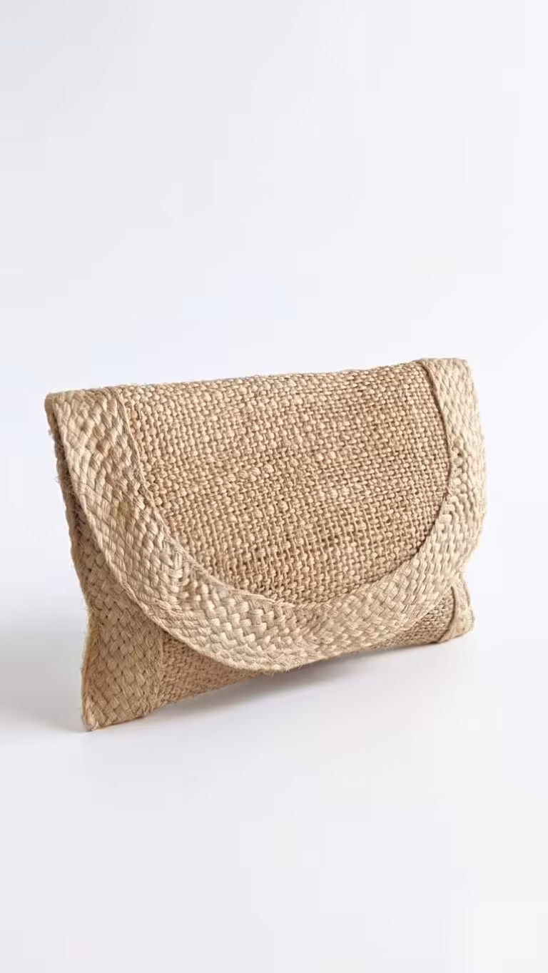 woven jute clutch with braided trim.